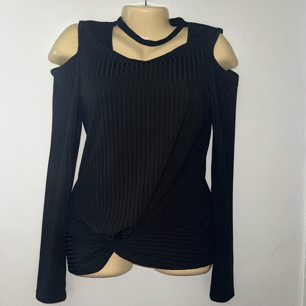 SHEIN Black Ribbed Cold Shoulder Blouse